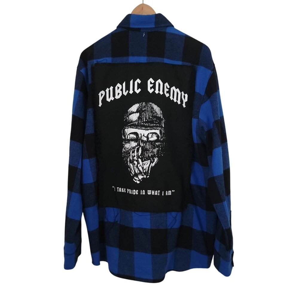 WICKED Clothing PUBLIC ENEMY Blue & Black Plaid Long Sleeve Shirt Men's Size M